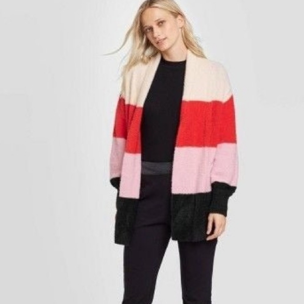 Who What Wear Colorblock Fuzzy Soft Cardigan Sweater Size Medium